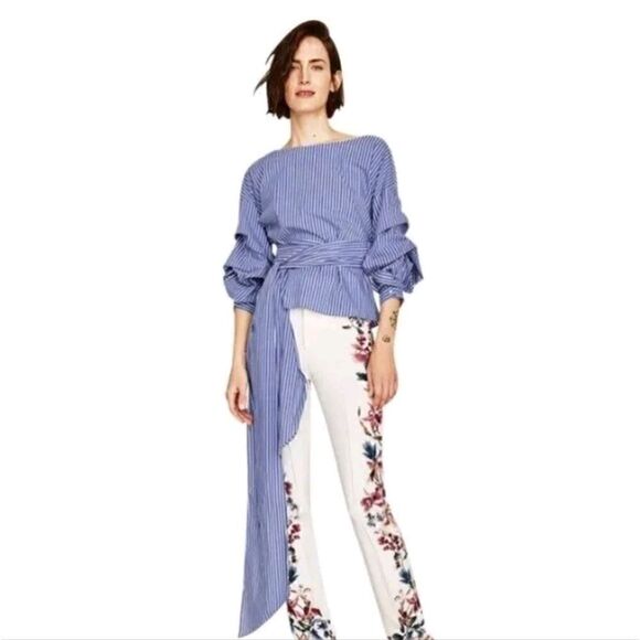 ZARA Woman True Wrap Blue White Stripe Wrap Boat Neck 3/4 Sleeve Top M - Picture 1 of 13
